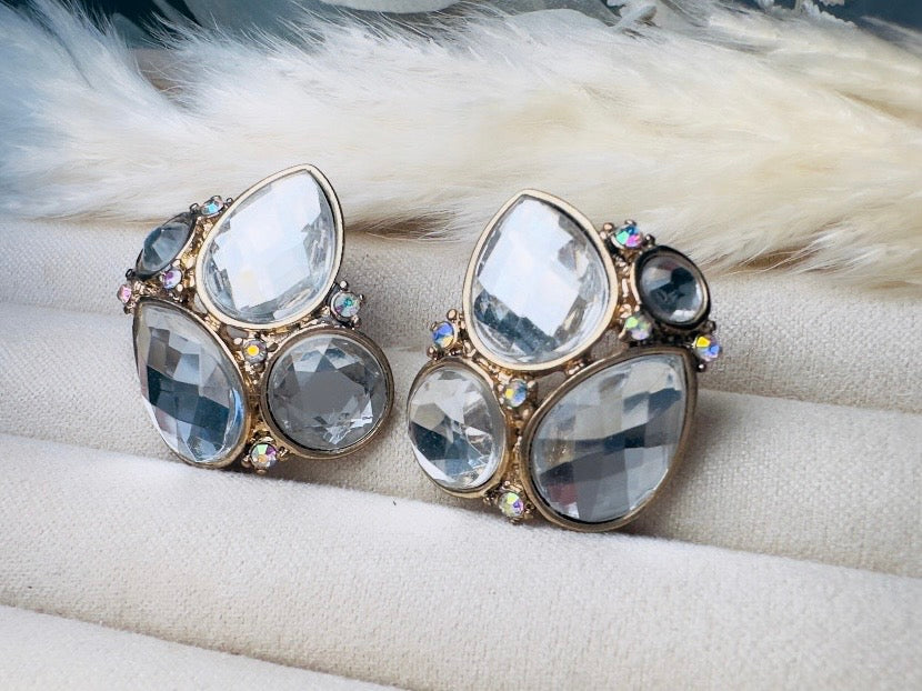 Vintage Crystal Earrings, Oversized Rhinestone Post Earrings in Gold, Silver and Diamond