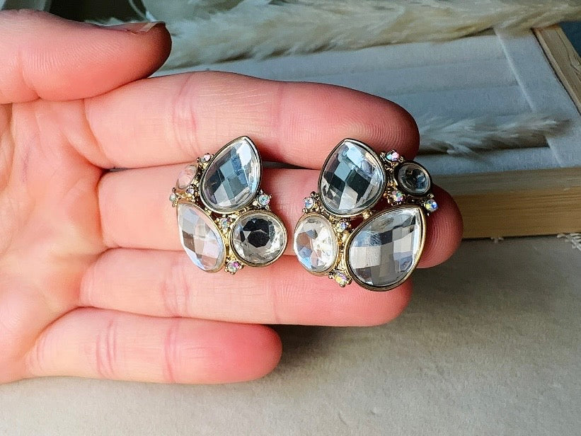 Vintage Crystal Earrings, Oversized Rhinestone Post Earrings in Gold, Silver and Diamond