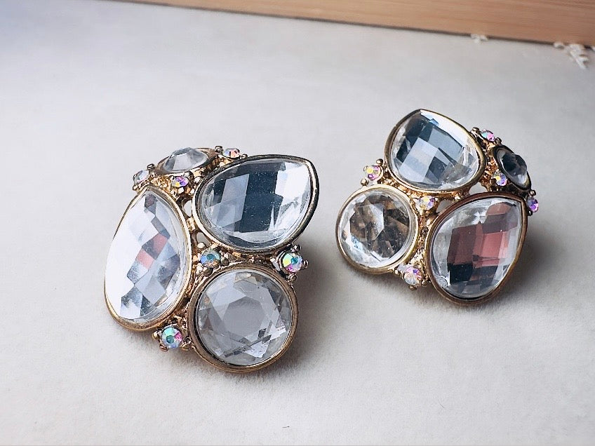 Vintage Crystal Earrings, Oversized Rhinestone Post Earrings in Gold, Silver and Diamond