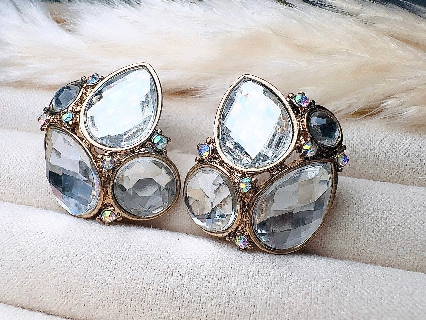 Vintage Crystal Earrings, Oversized Rhinestone Post Earrings in Gold, Silver and Diamond