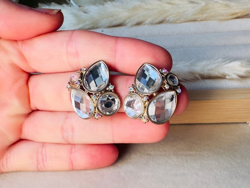 Vintage Crystal Earrings, Oversized Rhinestone Post Earrings in Gold, Silver and Diamond