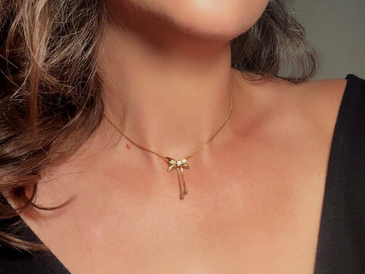 Vintage Dainty Gold Bow Necklace, Tiny Ribbon Pendant Necklace with Fine Serpentine Chain, Delicate Short 14" Chain Choker