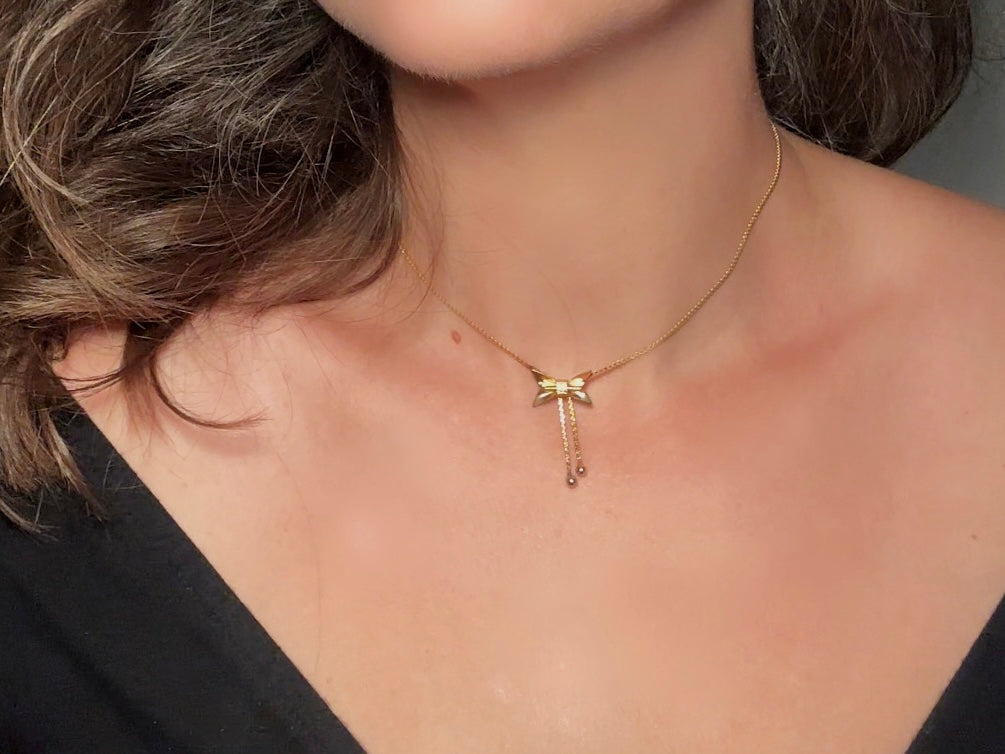 Vintage Dainty Gold Bow Necklace, Tiny Ribbon Pendant Necklace with Fine Serpentine Chain, Delicate Short 14" Chain Choker