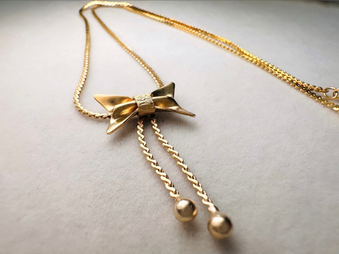 Vintage Dainty Gold Bow Necklace, Tiny Ribbon Pendant Necklace with Fine Serpentine Chain, Delicate Short 14" Chain Choker