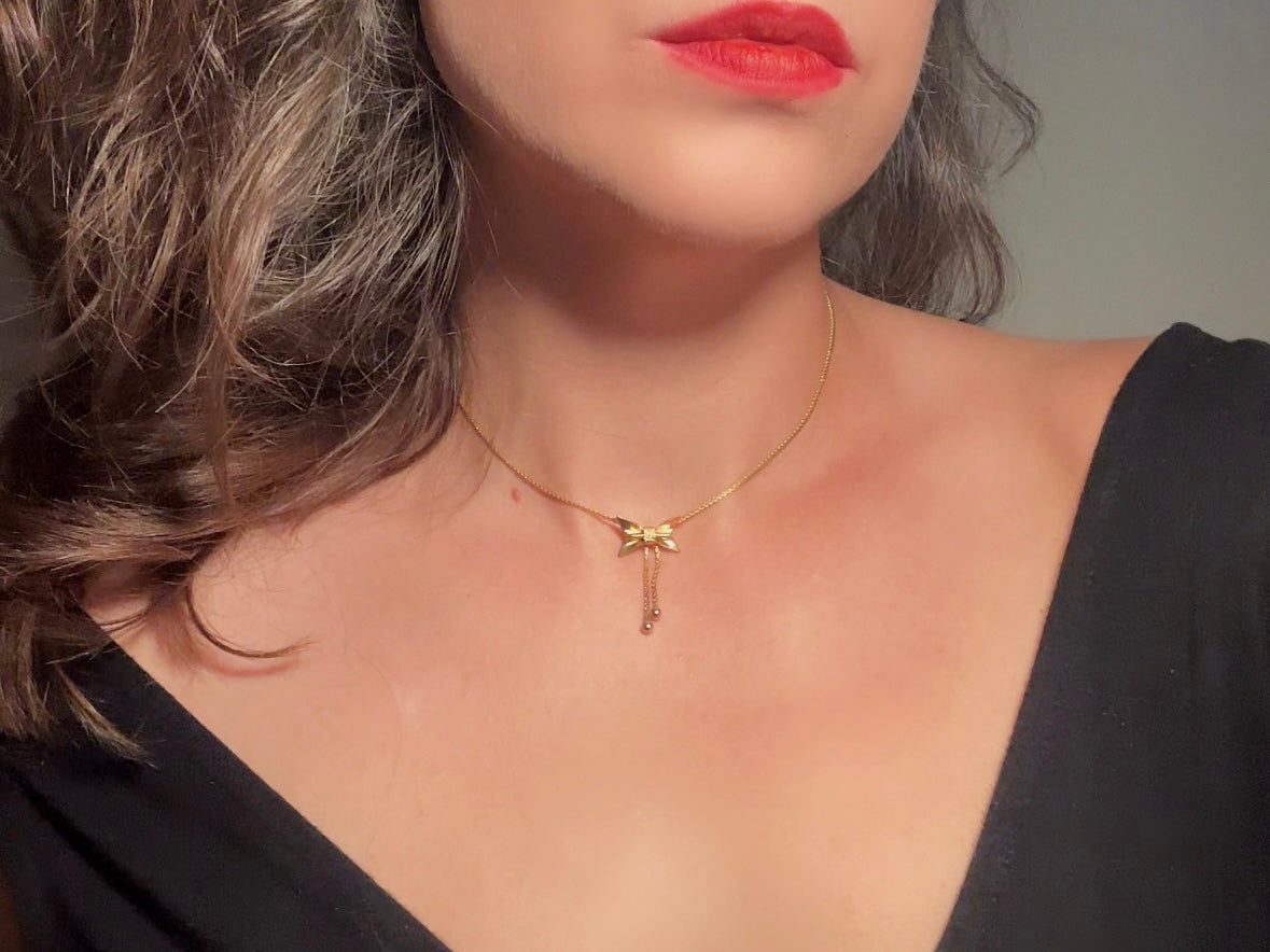 Vintage Dainty Gold Bow Necklace, Tiny Ribbon Pendant Necklace with Fine Serpentine Chain, Delicate Short 14" Chain Choker