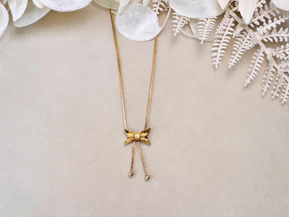 Vintage Dainty Gold Bow Necklace, Tiny Ribbon Pendant Necklace with Fine Serpentine Chain, Delicate Short 14" Chain Choker