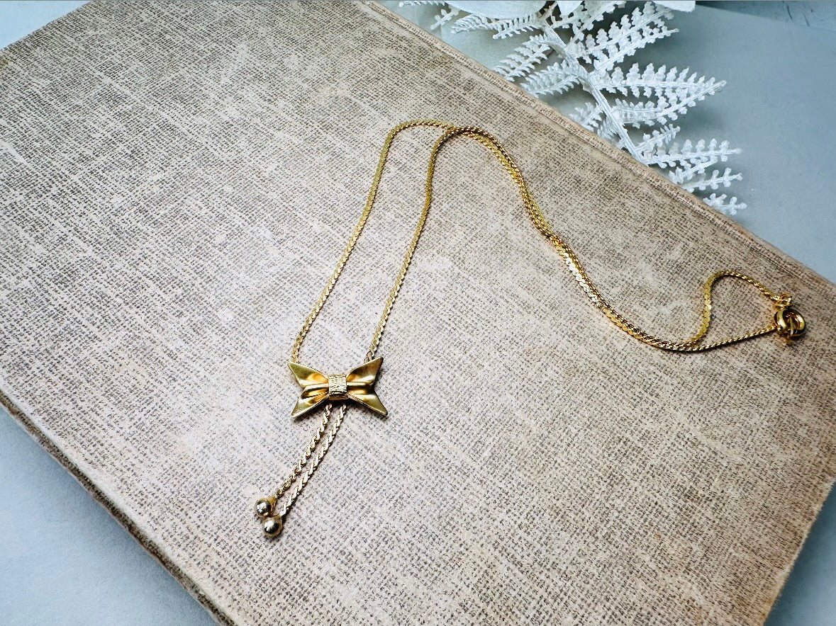 Vintage Dainty Gold Bow Necklace, Tiny Ribbon Pendant Necklace with Fine Serpentine Chain, Delicate Short 14" Chain Choker