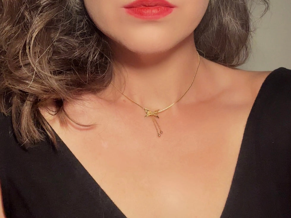 Vintage Dainty Gold Bow Necklace, Tiny Ribbon Pendant Necklace with Fine Serpentine Chain, Delicate Short 14" Chain Choker