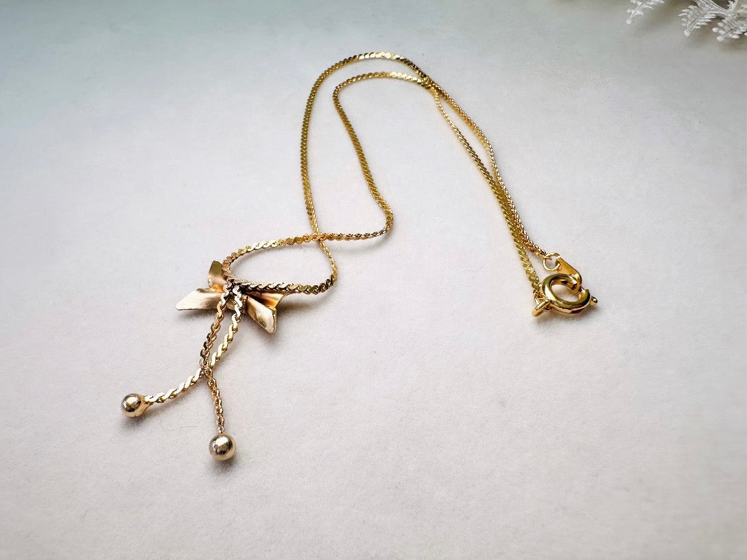 Vintage Dainty Gold Bow Necklace, Tiny Ribbon Pendant Necklace with Fine Serpentine Chain, Delicate Short 14" Chain Choker