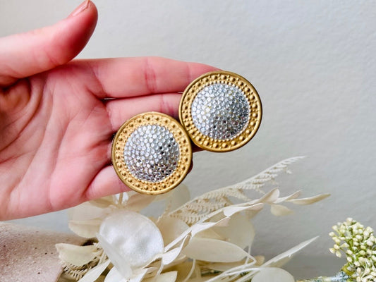Vintage Designer Earrings, Silver and Gold Richard Kerr 1980s Earrings, Huge Disc Clip On Earrings, Gold Shield Earrings Pave Set Rhinestone from Pigge and Pop