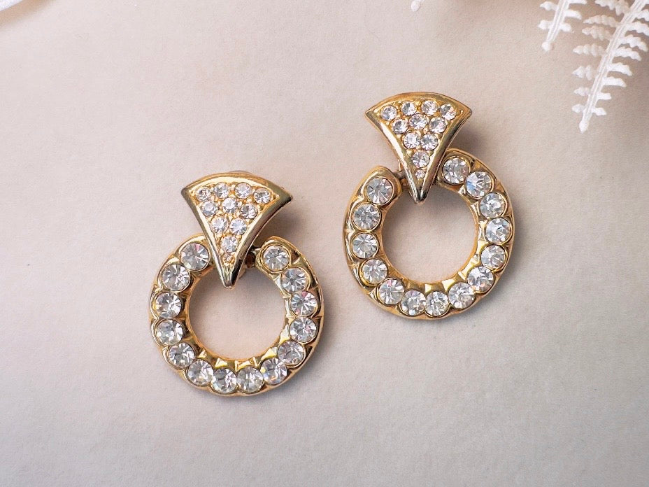 Vintage Door Knocker Earrings, 80s Glam Gold Hoop Clip On Earrings with Pave Crystals