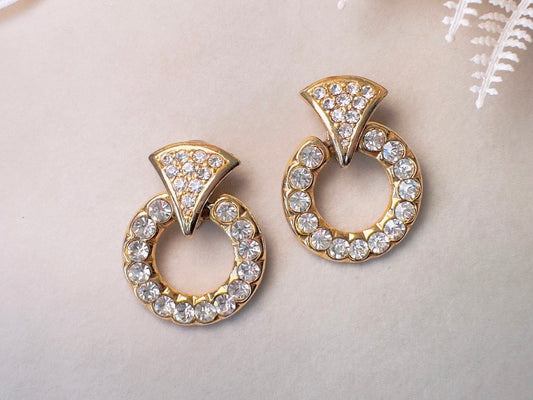 Vintage Door Knocker Earrings, 80s Glam Gold Hoop Clip On Earrings with Pave Crystals