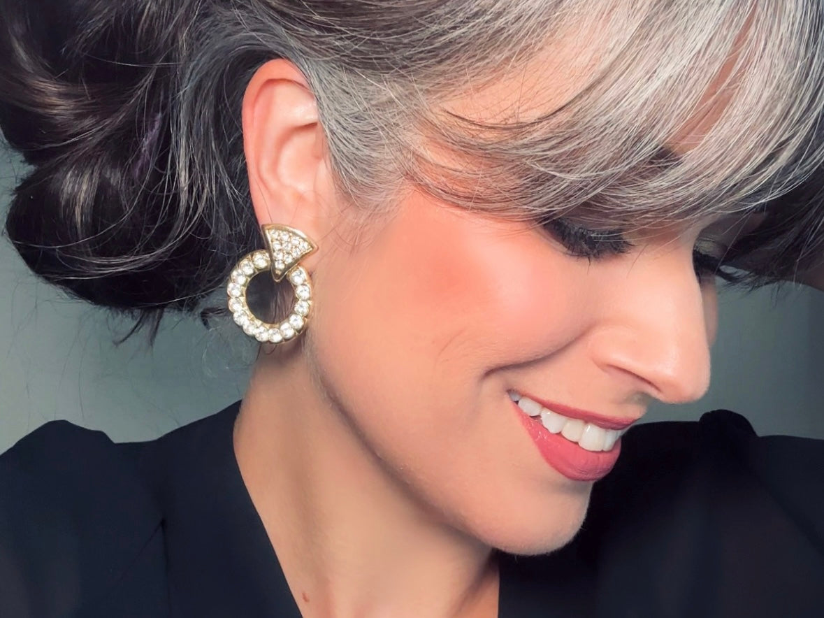 Vintage Door Knocker Earrings, 80s Glam Gold Hoop Clip On Earrings with Pave Crystals