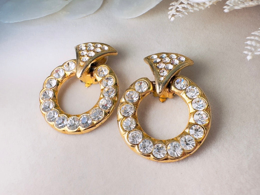 Vintage Door Knocker Earrings, 80s Glam Gold Hoop Clip On Earrings with Pave Crystals