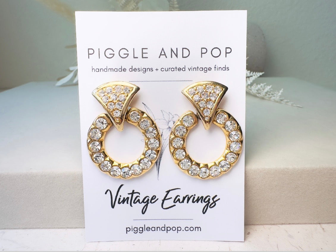 Vintage Door Knocker Earrings, 80s Glam Gold Hoop Clip On Earrings with Pave Crystals