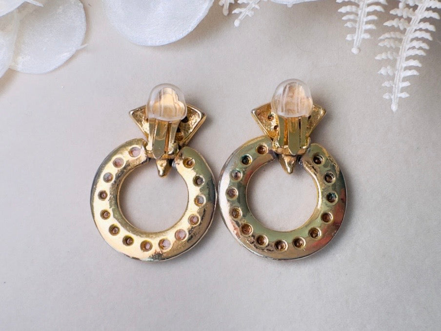 Vintage Door Knocker Earrings, 80s Glam Gold Hoop Clip On Earrings with Pave Crystals
