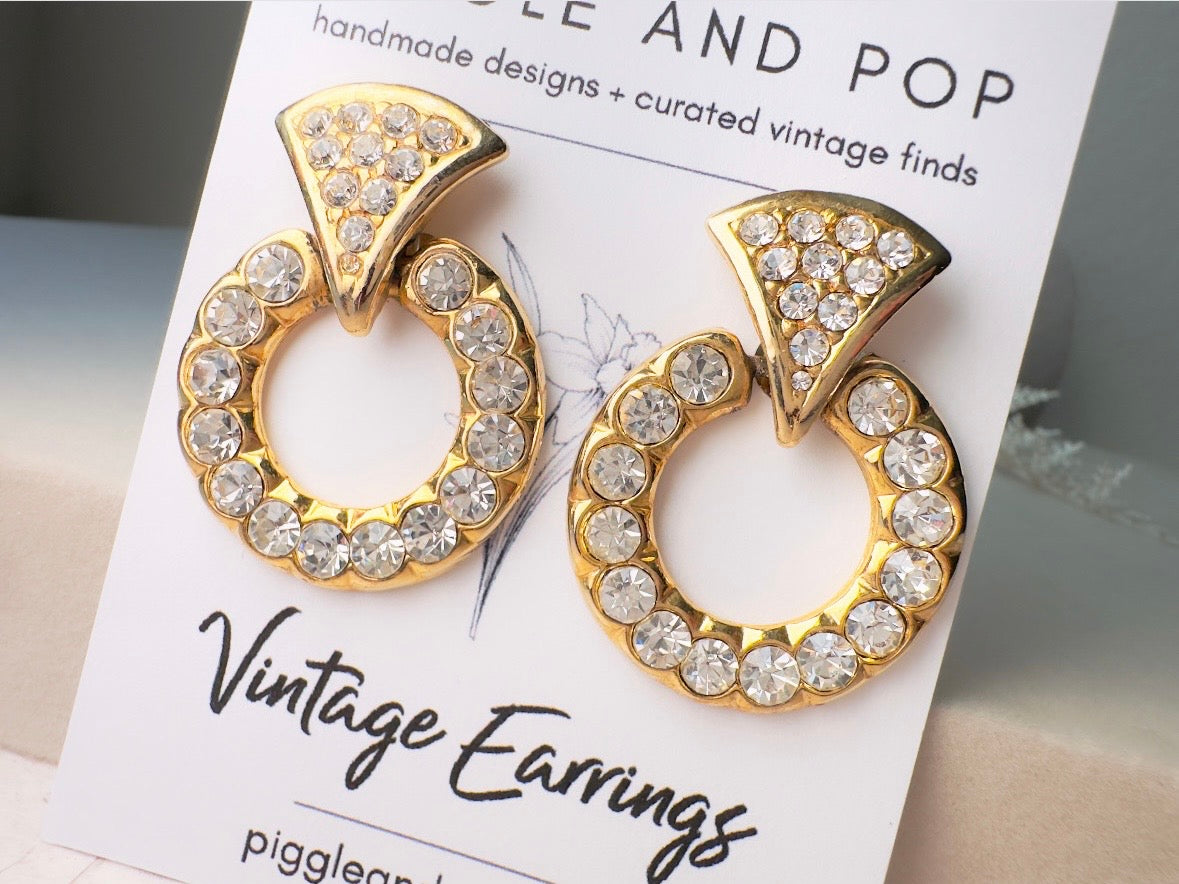Vintage Door Knocker Earrings, 80s Glam Gold Hoop Clip On Earrings with Pave Crystals