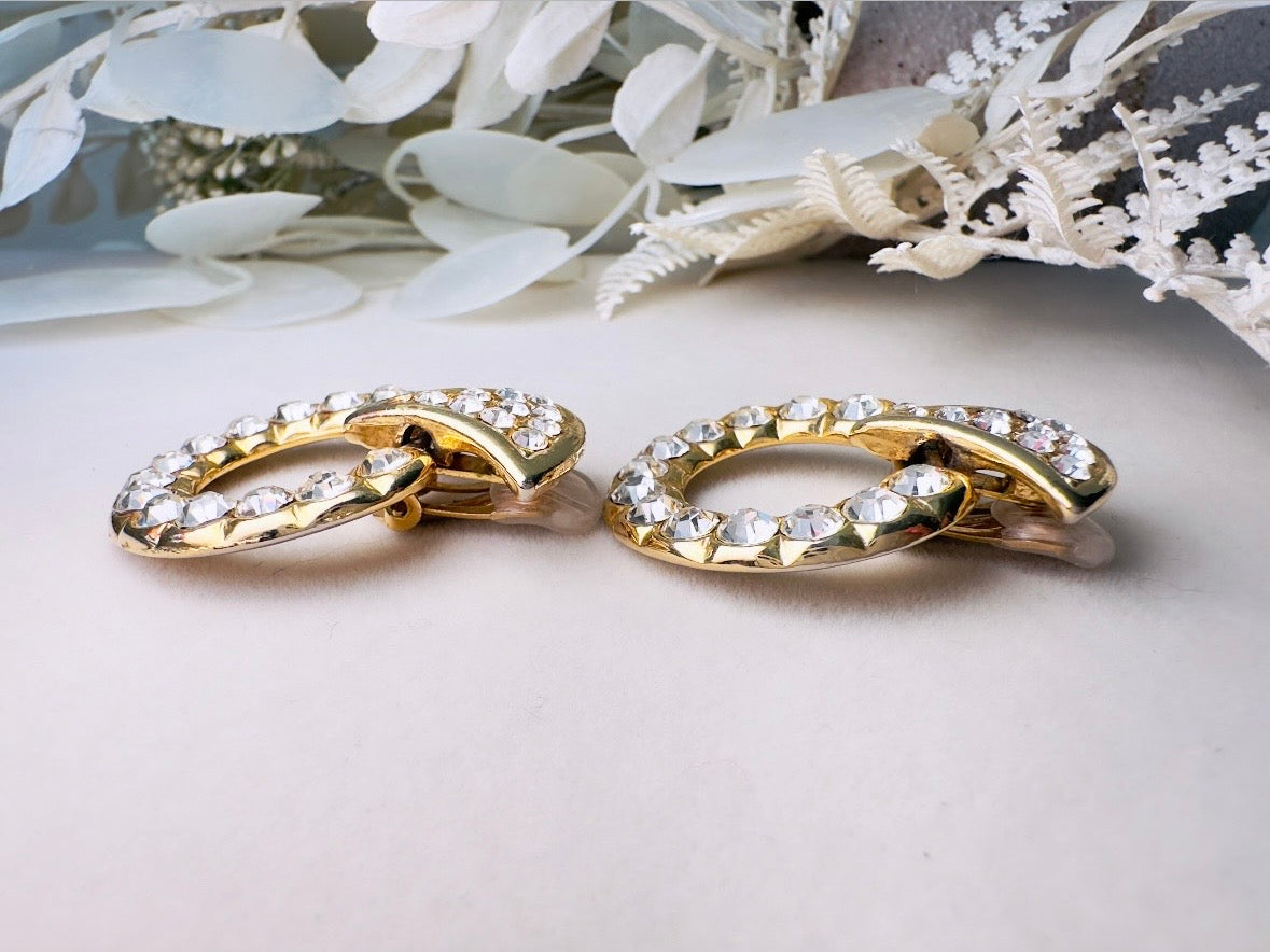 Vintage Door Knocker Earrings, 80s Glam Gold Hoop Clip On Earrings with Pave Crystals