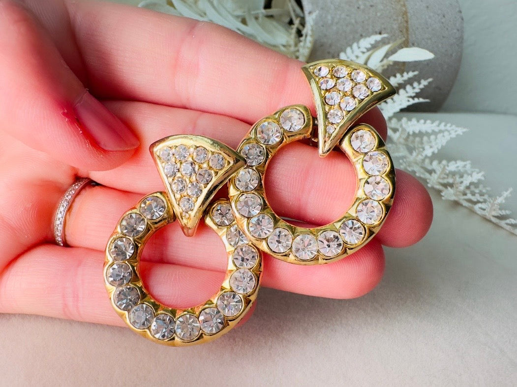 Vintage Door Knocker Earrings, 80s Glam Gold Hoop Clip On Earrings with Pave Crystals