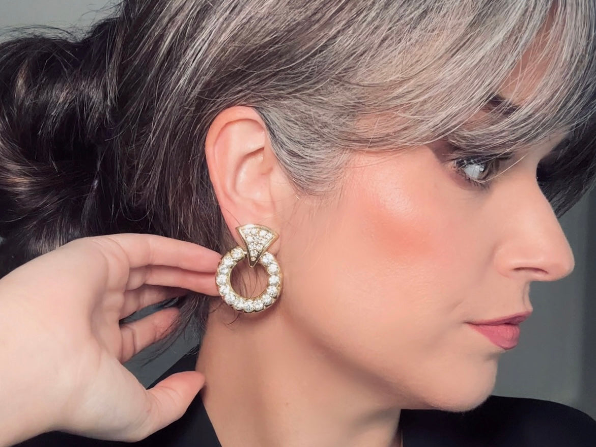 Vintage Door Knocker Earrings, 80s Glam Gold Hoop Clip On Earrings with Pave Crystals