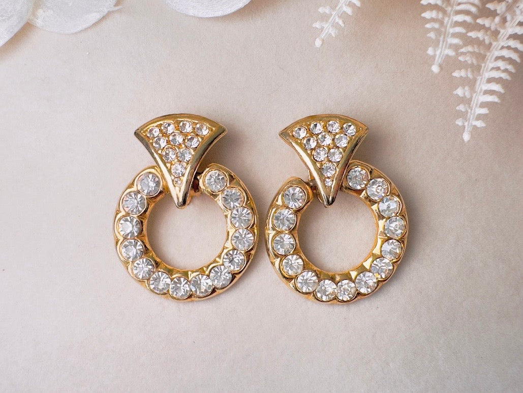 Vintage Door Knocker Earrings, 80s Glam Gold Hoop Clip On Earrings with Pave Crystals