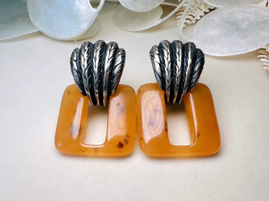 Vintage Door Knocker Earrings, Antique Silver Statement Earrings with Amber Lucite Bakelite Rectangular Hoops