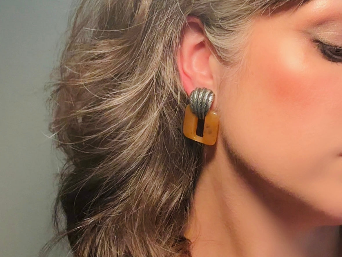 Vintage Door Knocker Earrings, Antique Silver Statement Earrings with Amber Lucite Bakelite Rectangular Hoops