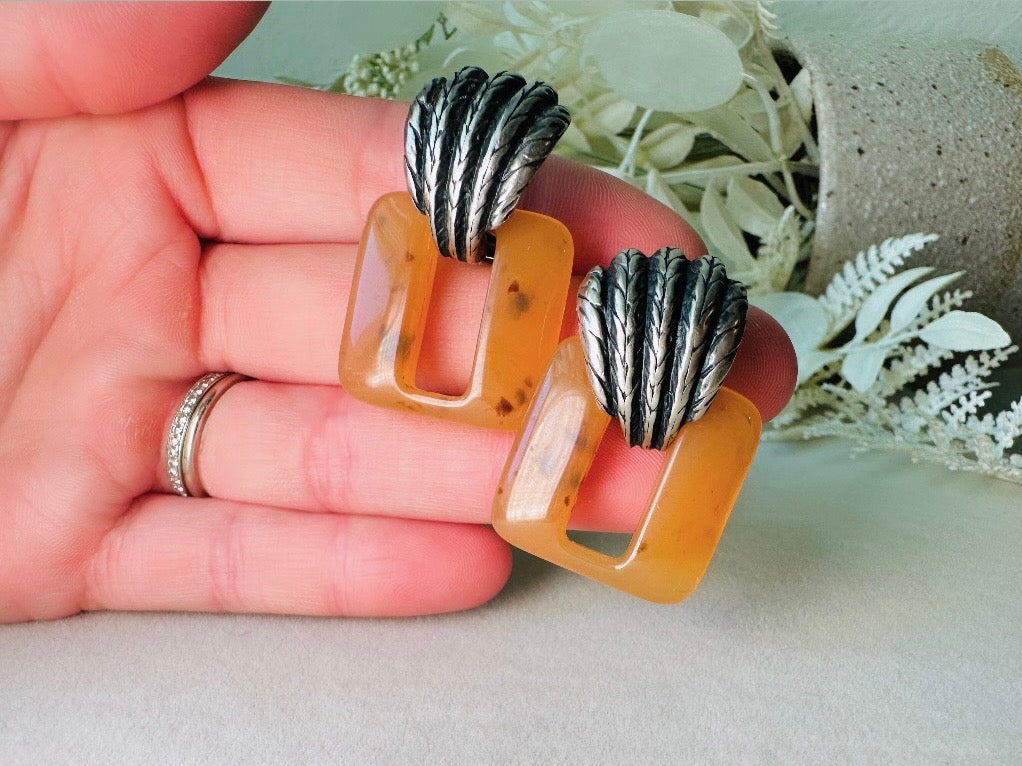 Vintage Door Knocker Earrings, Antique Silver Statement Earrings with Amber Lucite Bakelite Rectangular Hoops