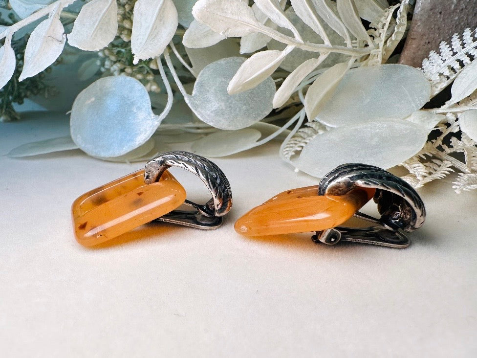 Vintage Door Knocker Earrings, Antique Silver Statement Earrings with Amber Lucite Bakelite Rectangular Hoops