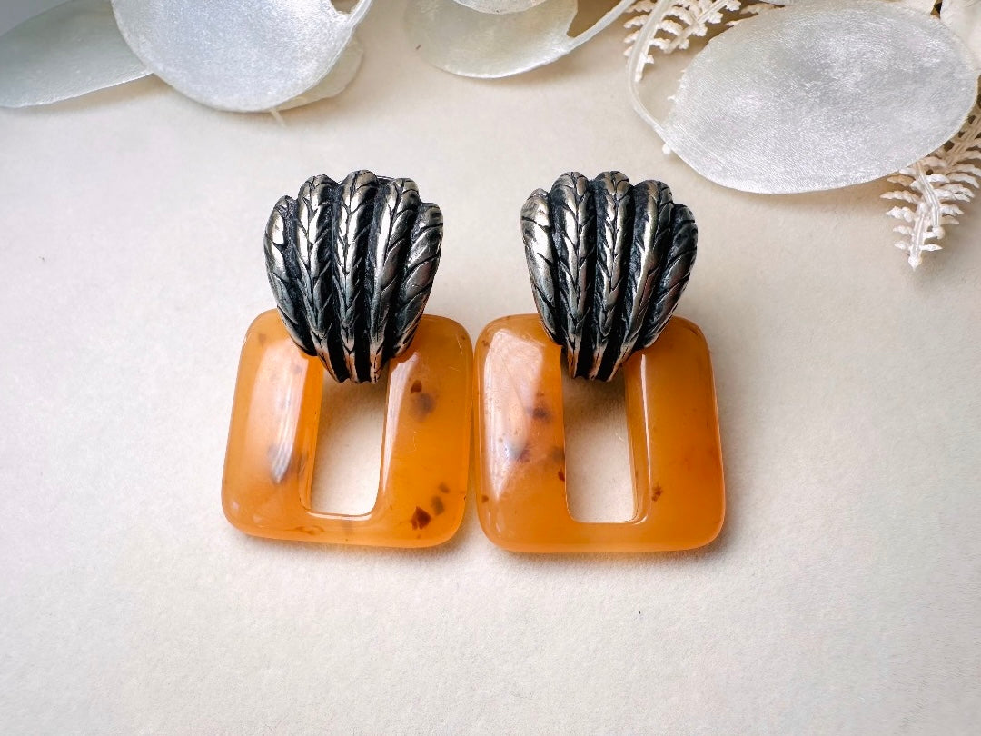 Vintage Door Knocker Earrings, Antique Silver Statement Earrings with Amber Lucite Bakelite Rectangular Hoops