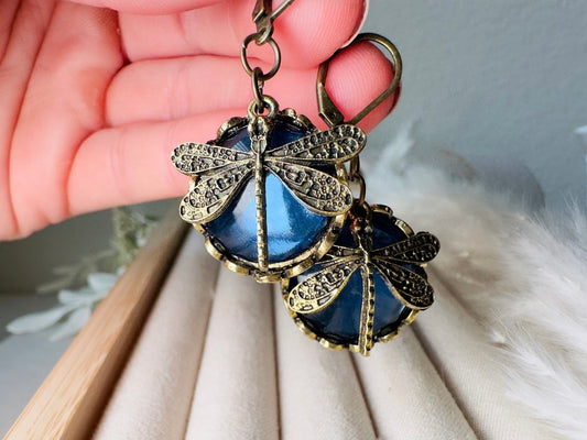 Vintage Dragonfly Earrings with Blue Moonglow Cabochons and Bronze Charms, 90s Whimsigoth Jewelry