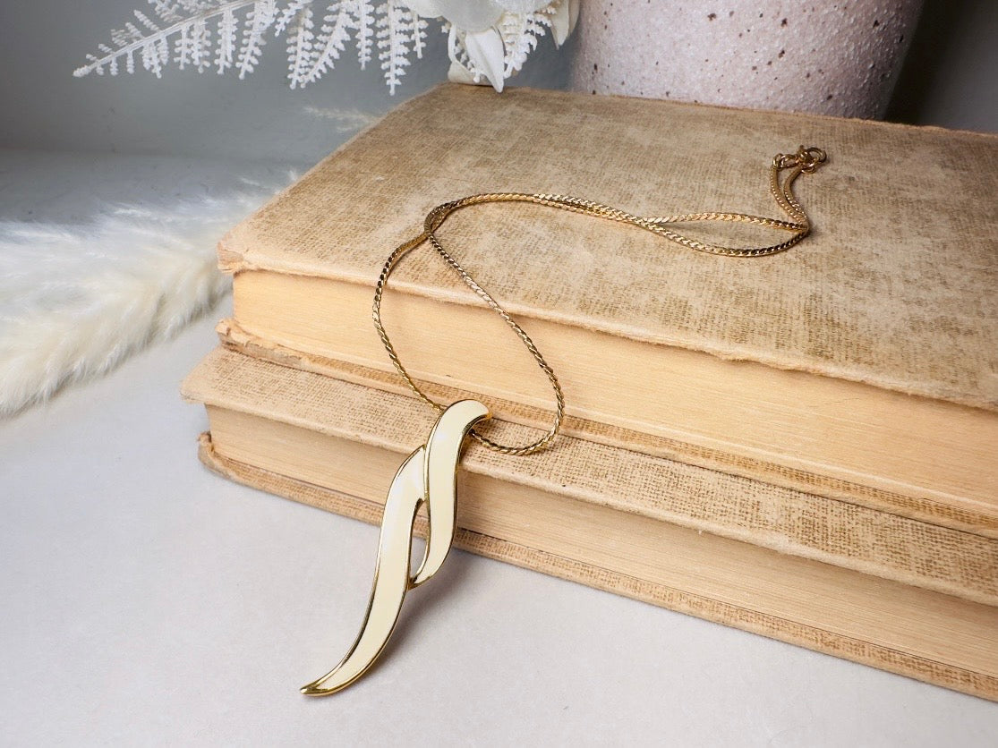 Vintage Drop Necklace, Cream and Gold Geometric Monet Enamel Pendant Necklace