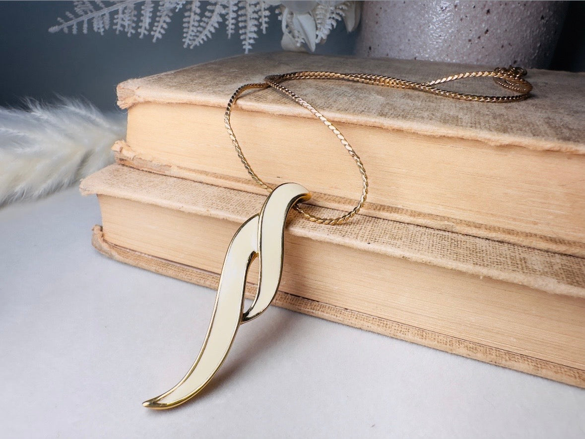 Vintage Drop Necklace, Cream and Gold Geometric Monet Enamel Pendant Necklace