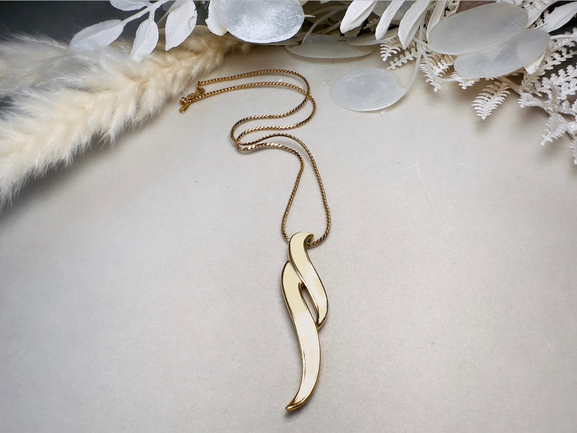 Vintage Drop Necklace, Cream and Gold Geometric Monet Enamel Pendant Necklace