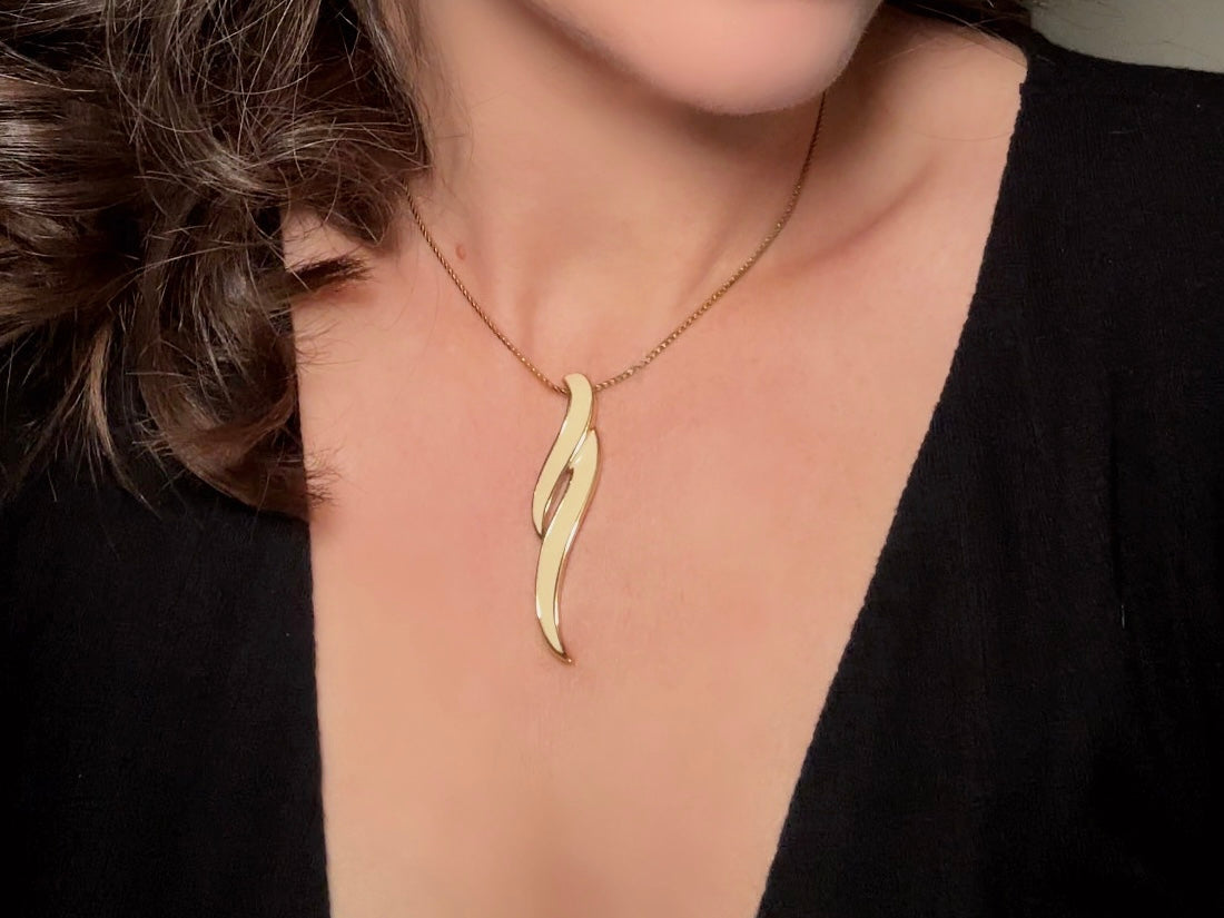 Vintage Drop Necklace, Cream and Gold Geometric Monet Enamel Pendant Necklace