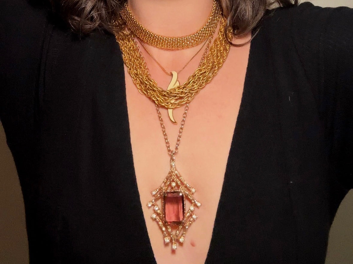 Vintage Drop Necklace, Cream and Gold Geometric Monet Enamel Pendant Necklace