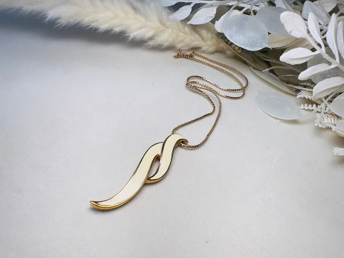 Vintage Drop Necklace, Cream and Gold Geometric Monet Enamel Pendant Necklace
