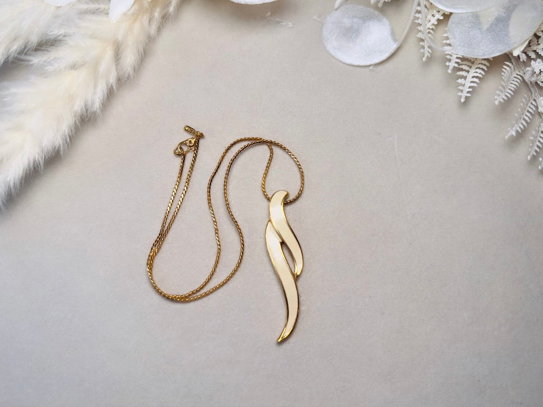 Vintage Drop Necklace, Cream and Gold Geometric Monet Enamel Pendant Necklace