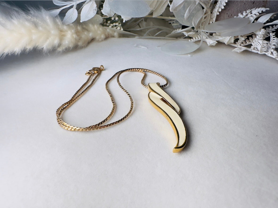 Vintage Drop Necklace, Cream and Gold Geometric Monet Enamel Pendant Necklace