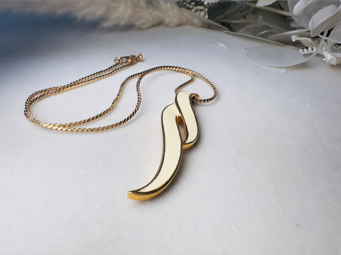 Vintage Drop Necklace, Cream and Gold Geometric Monet Enamel Pendant Necklace