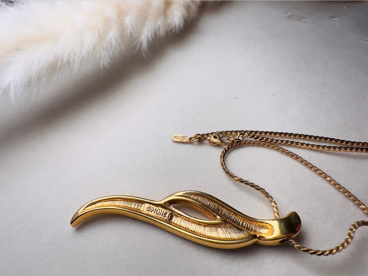 Vintage Drop Necklace, Cream and Gold Geometric Monet Enamel Pendant Necklace