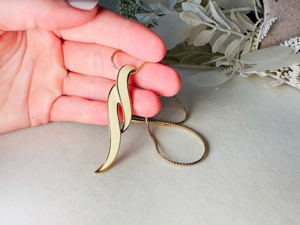 Vintage Drop Necklace, Cream and Gold Geometric Monet Enamel Pendant Necklace