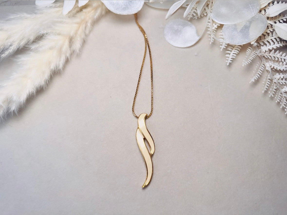 Vintage Drop Necklace, Cream and Gold Geometric Monet Enamel Pendant Necklace