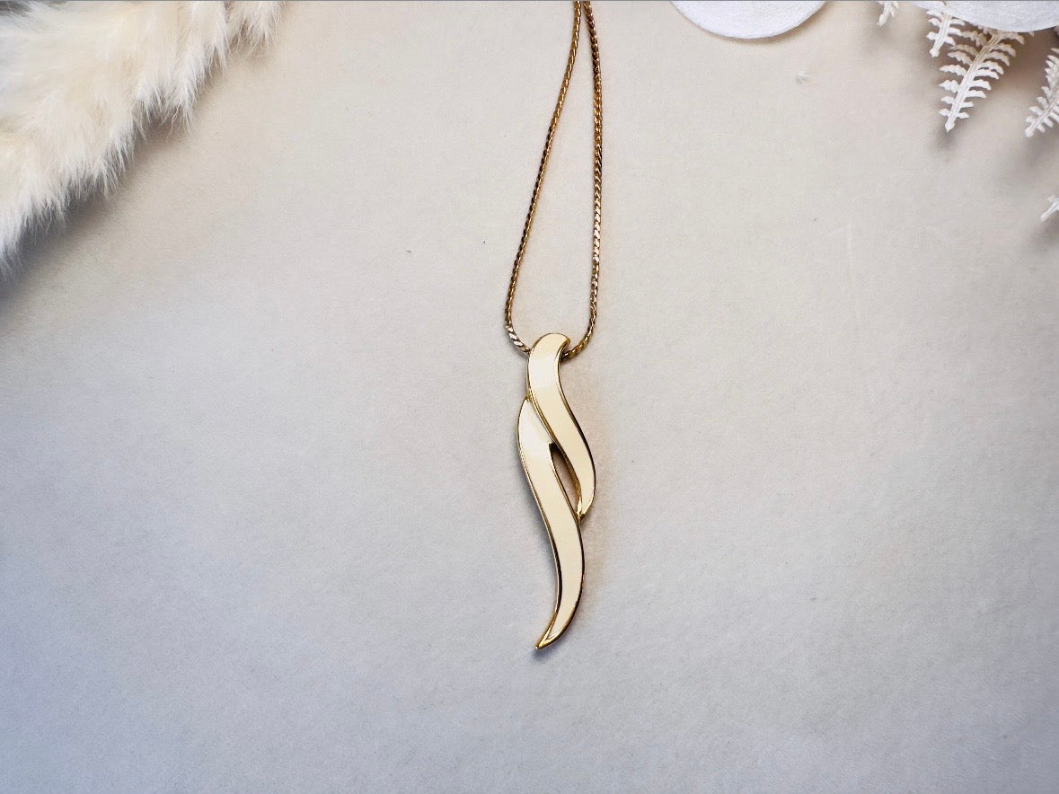 Vintage Drop Necklace, Cream and Gold Geometric Monet Enamel Pendant Necklace