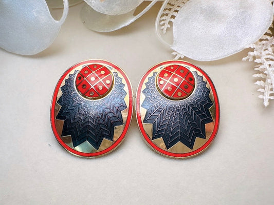 Vintage Enamel Earrings, Oversized Red Gold and Black Geometric Earrings