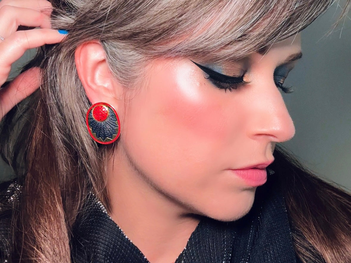 Vintage Enamel Earrings, Oversized Red Gold and Black Geometric Earrings