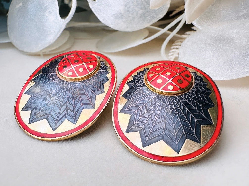 Vintage Enamel Earrings, Oversized Red Gold and Black Geometric Earrings