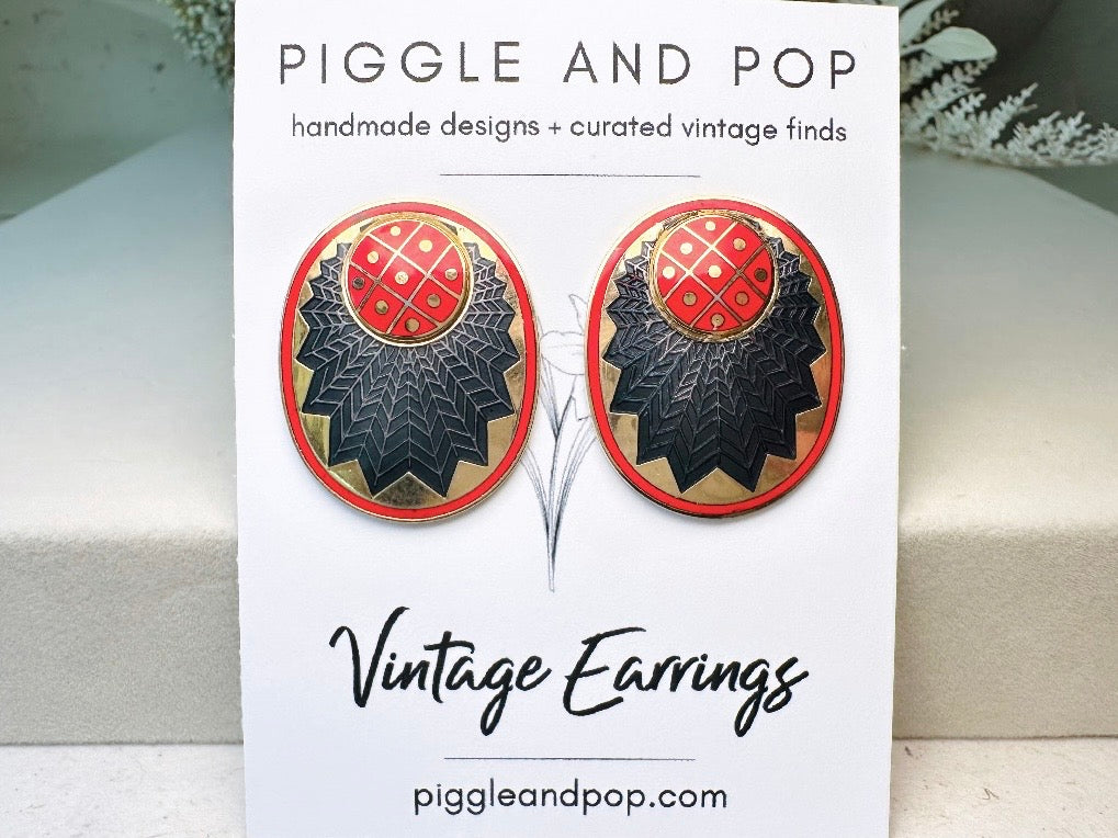 Vintage Enamel Earrings, Oversized Red Gold and Black Geometric Earrings