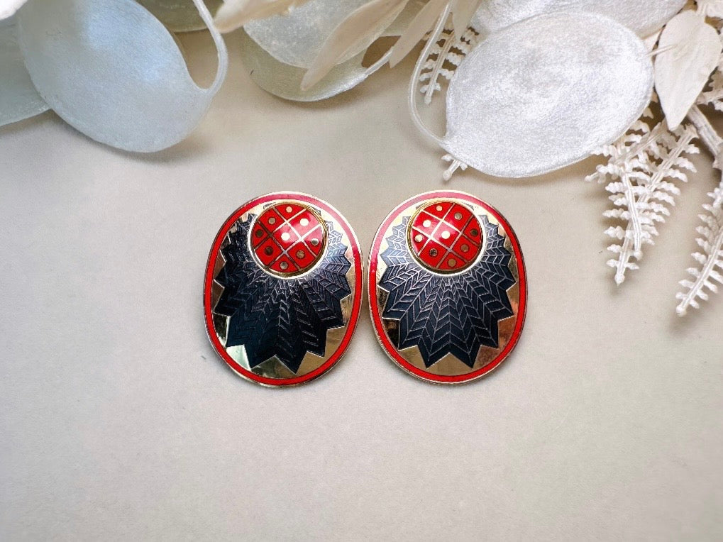 Vintage Enamel Earrings, Oversized Red Gold and Black Geometric Earrings