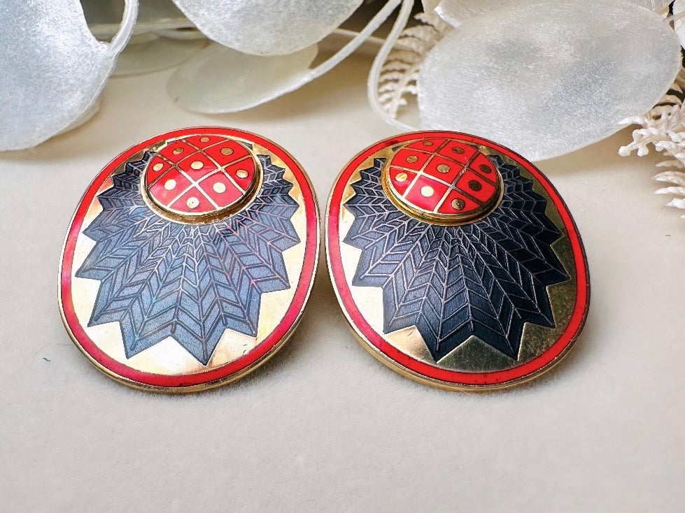 Vintage Enamel Earrings, Oversized Red Gold and Black Geometric Earrings